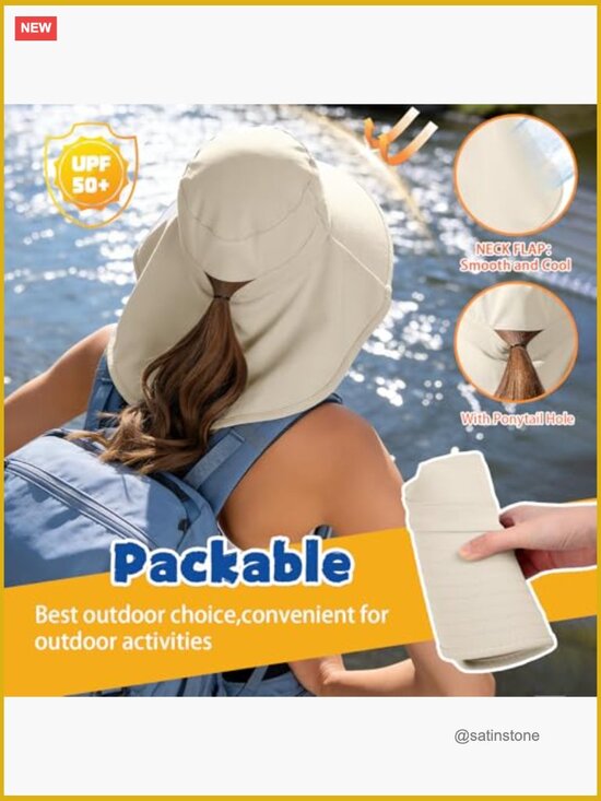Wide Brim Sun Hat with Neck Flap Ponytail Hole UPF 50+ UV Protection Fishing main image 7